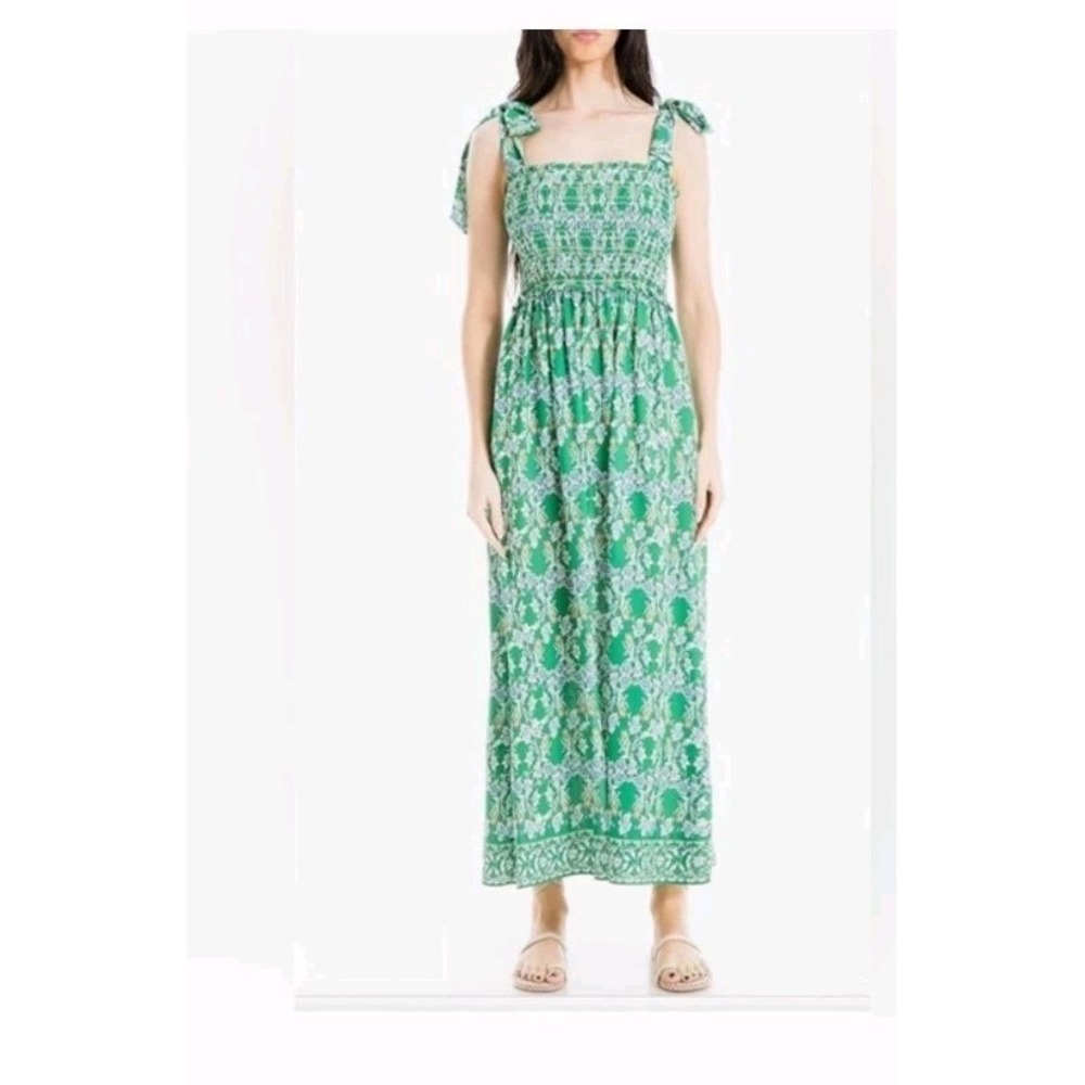 Max Studio Tie Sleeve Smocked Maxi Dress‎ Green